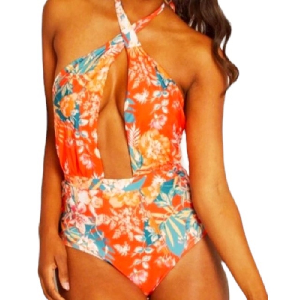 Modcloth Blood Orange Multicolor Floral Bethany One Piece Swimsuit, Sizes M & L